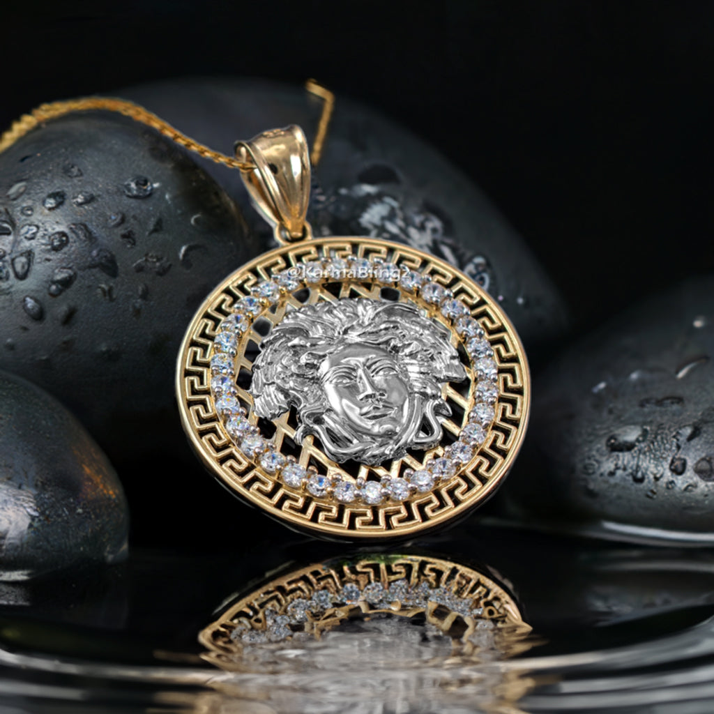 Gold Medusa CZ Medallion Pendant Necklace (yellow, white, rose gold, 10k, 14k)