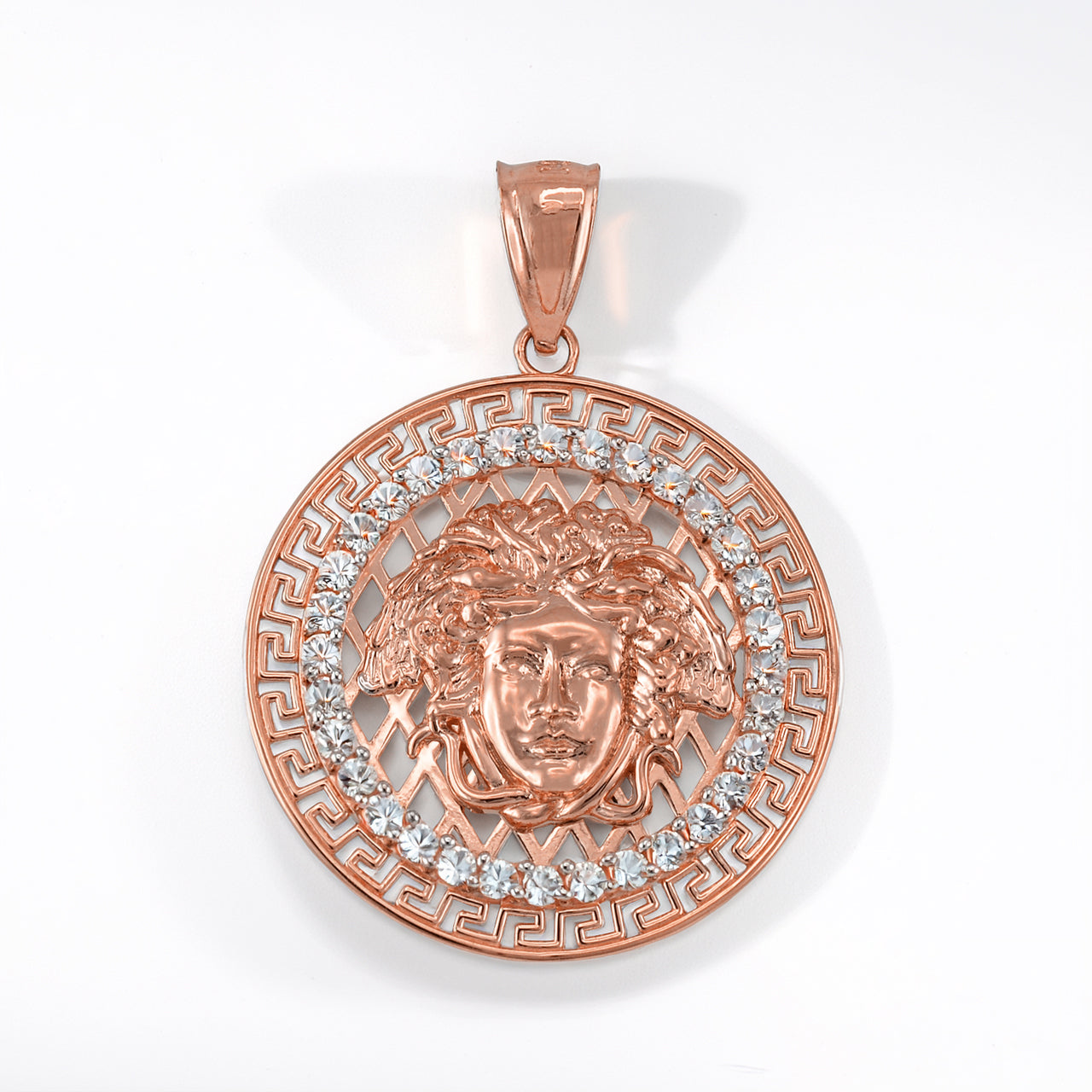 Gold Medusa CZ Medallion Pendant Necklace (yellow, white, rose gold, 10k, 14k)