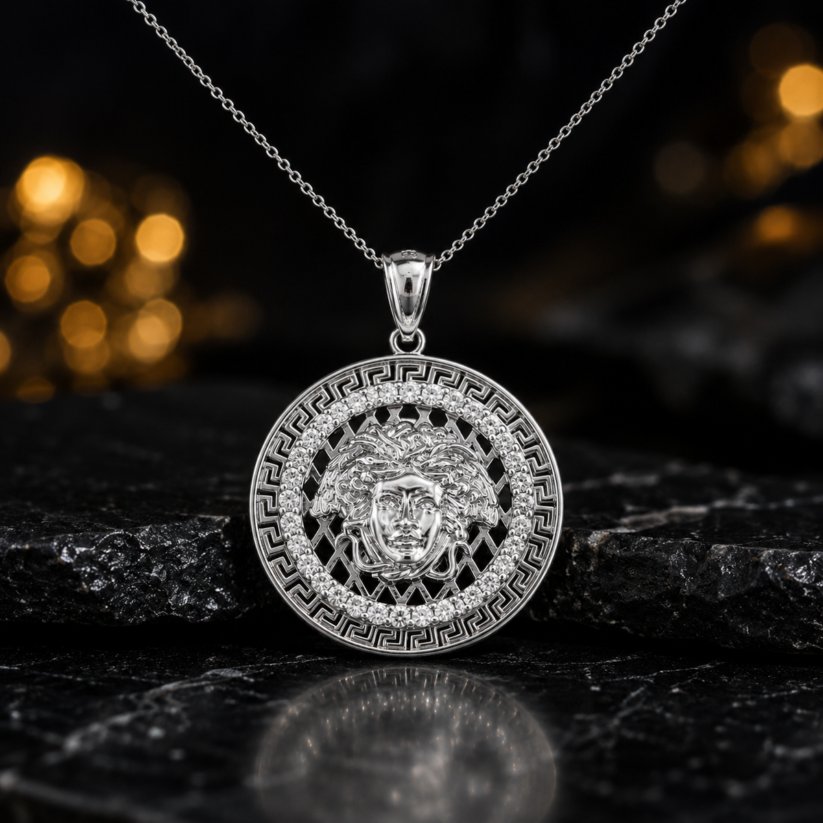 Sterling Silver Medusa CZ Greek Key Medallion Pendant Necklace