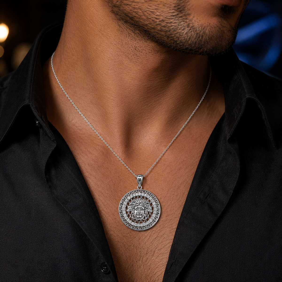Sterling Silver Medusa CZ Greek Key Medallion Pendant Necklace