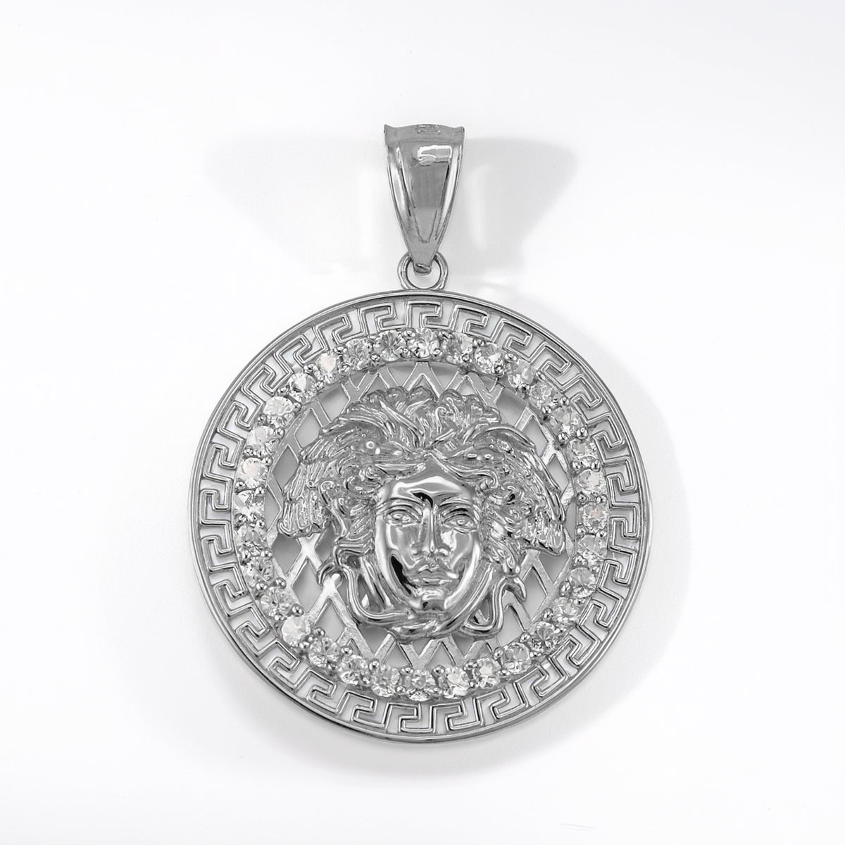 Sterling Silver Medusa CZ Greek Key Medallion Pendant Necklace