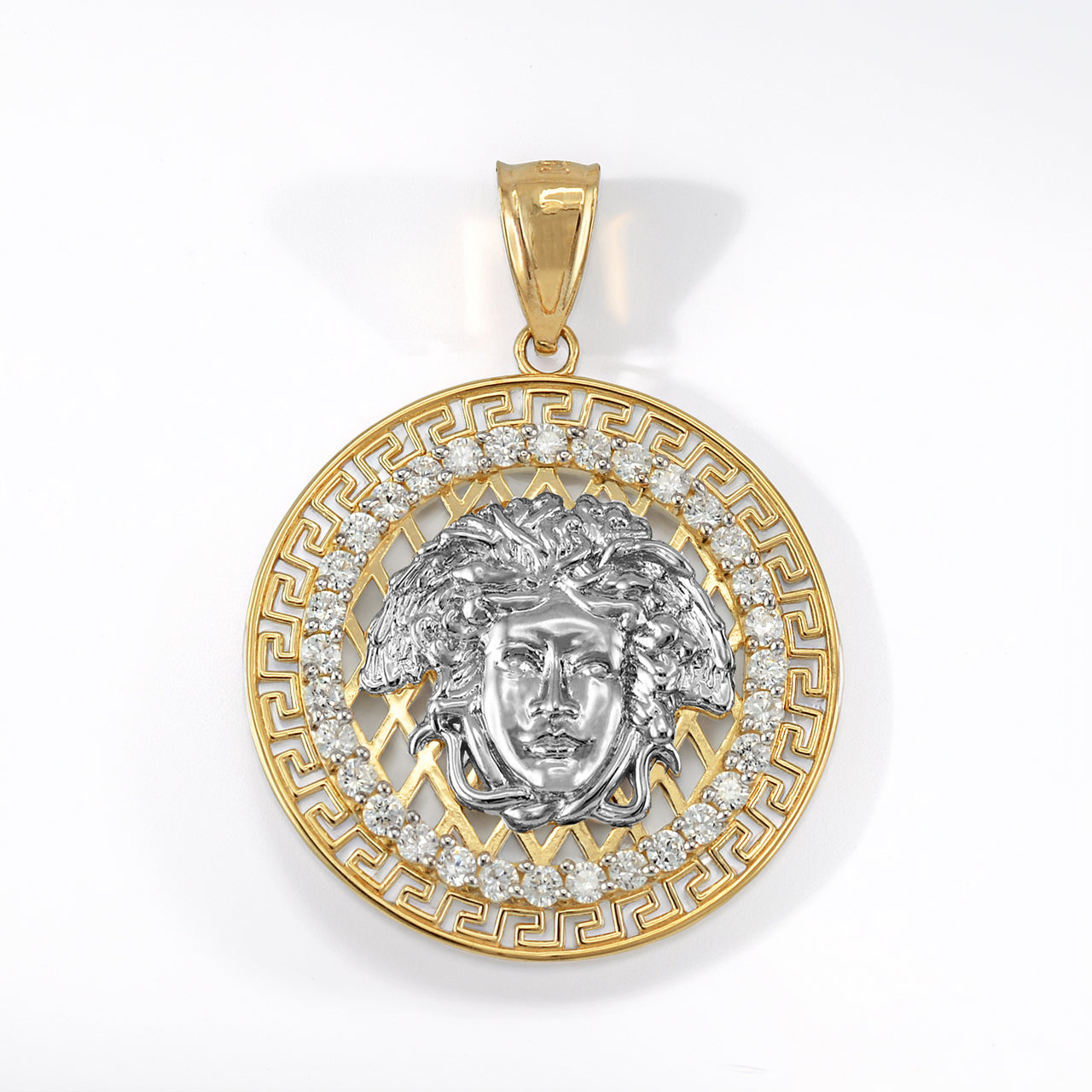 Gold Medusa CZ Medallion Pendant Necklace (yellow, white, rose gold, 10k, 14k)