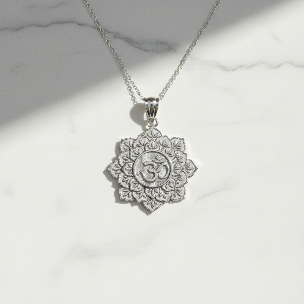 A silver-toned lotus pendant necklace featuring an Om symbol in the center, displayed on a white marble surface with soft shadows.