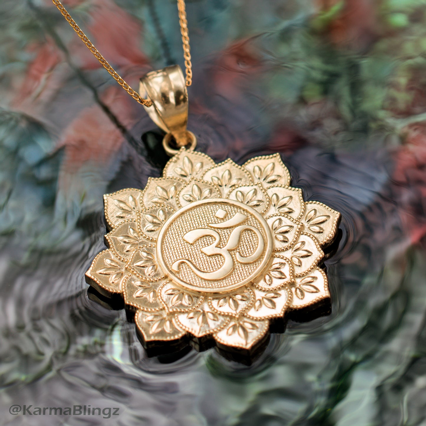 Gold Om Lotus Mandala Pendant Necklace - Yellow, White, Rose Gold - 10k & 14k