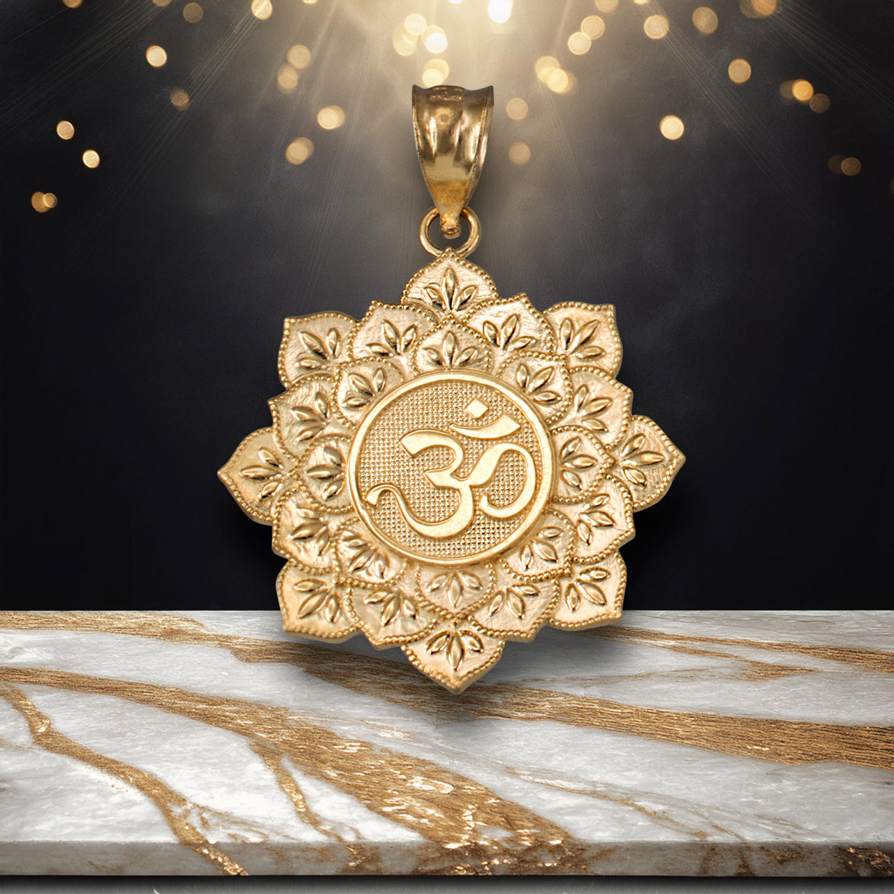 Gold Om Lotus Mandala Pendant Necklace - Yellow, White, Rose Gold - 10k & 14k