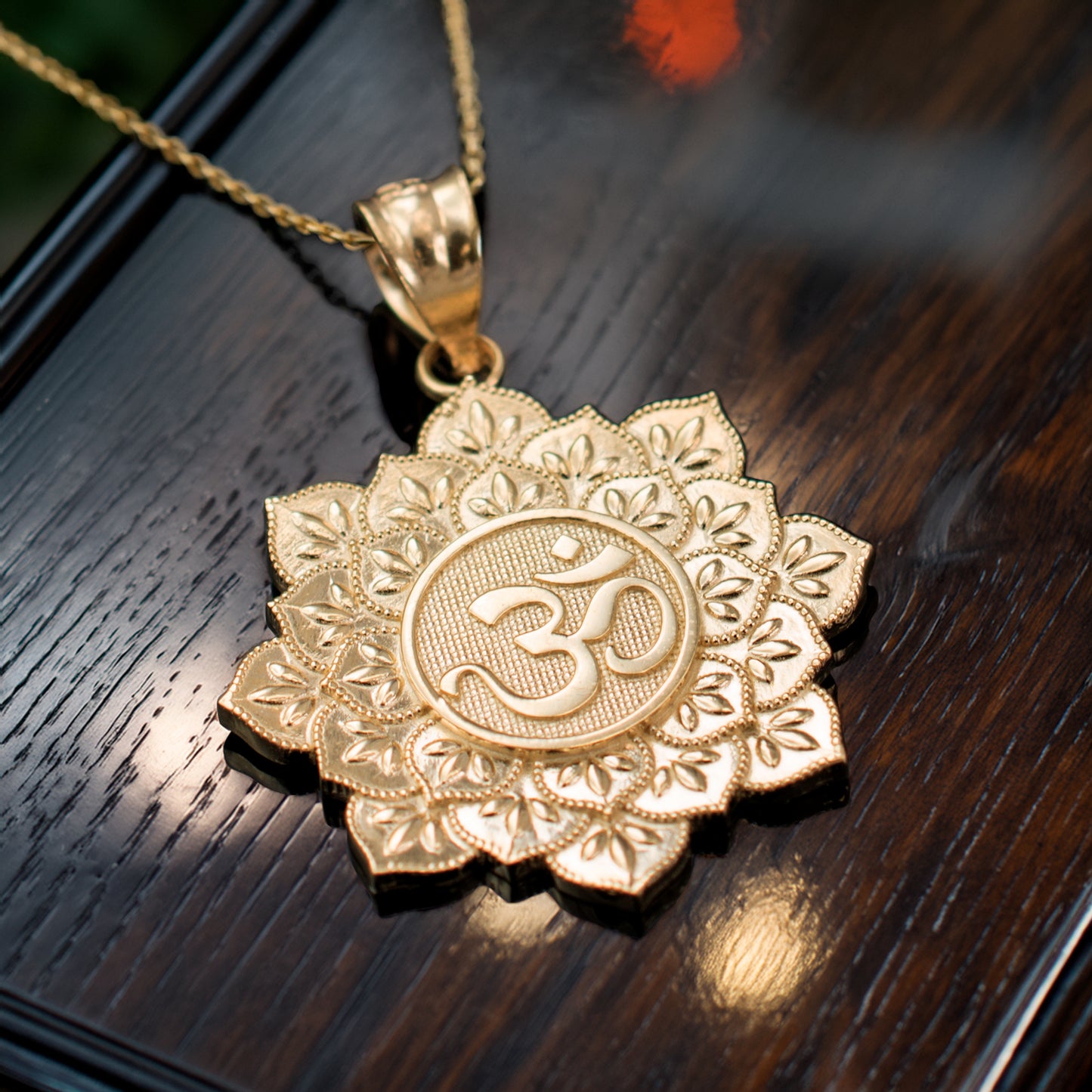 Gold Om Lotus Mandala Pendant Necklace - Yellow, White, Rose Gold - 10k & 14k