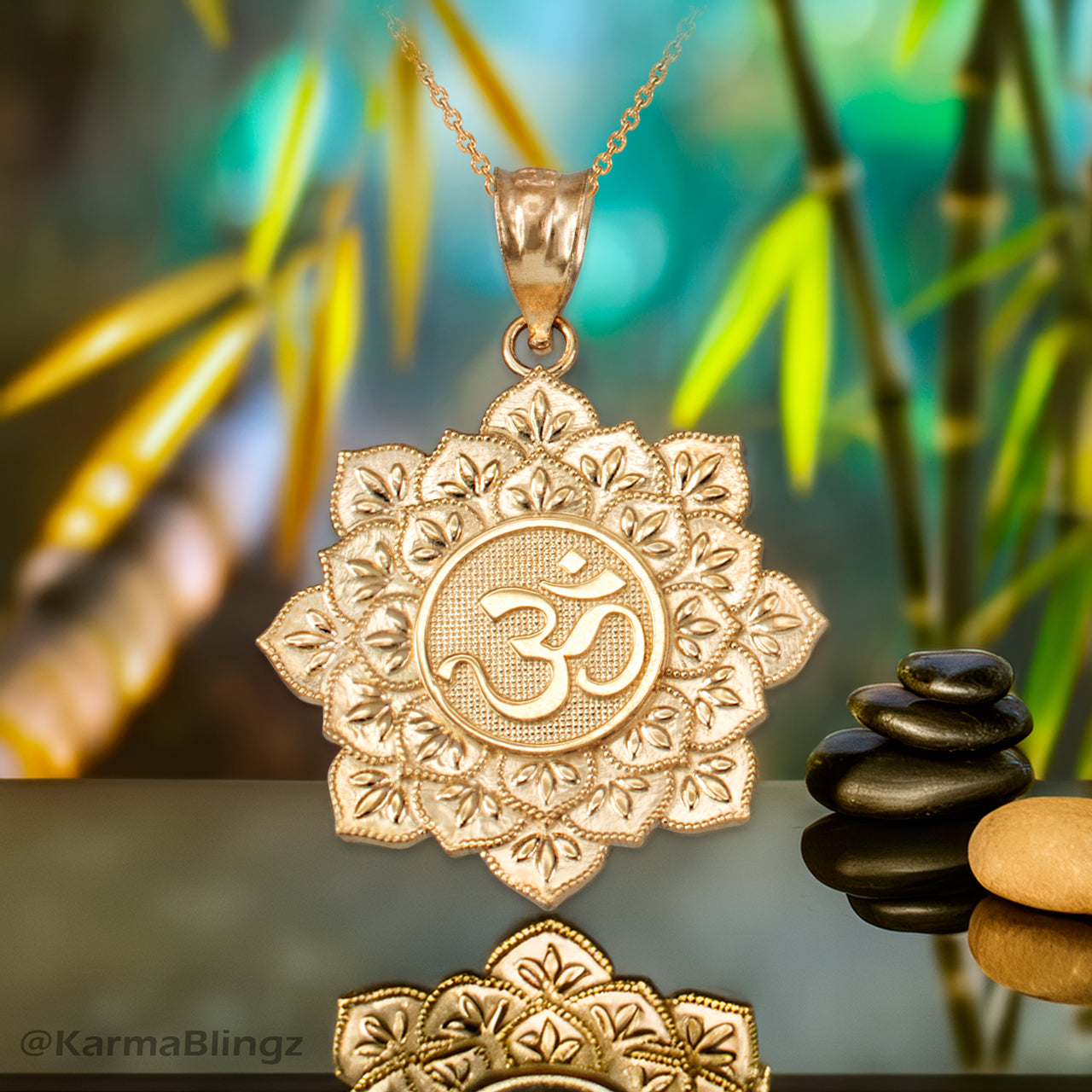 Gold Om Lotus Mandala Pendant Necklace - Yellow, White, Rose Gold - 10k & 14k