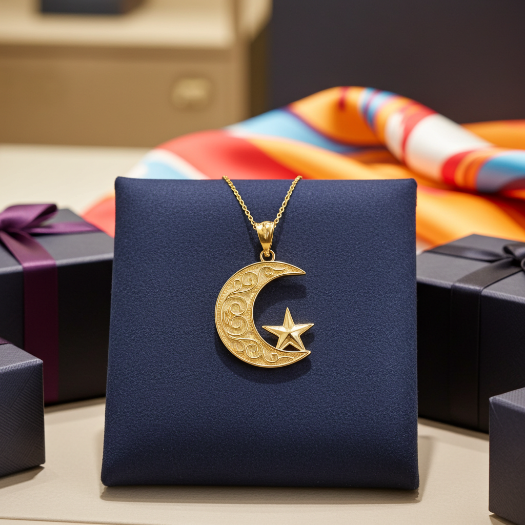 Gold Islamic Crescent Moon Pendant Necklace (yellow, white, rose gold, 10k, 14k)