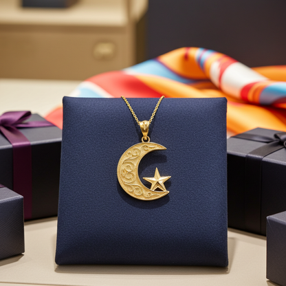 Gold Islamic Crescent Moon Pendant Necklace (yellow, white, rose gold, 10k, 14k)