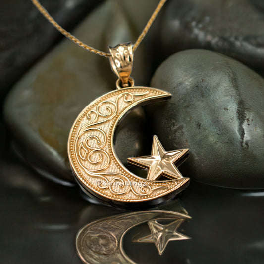 Gold Islamic Crescent Moon Pendant Necklace (yellow, white, rose gold, 10k, 14k)