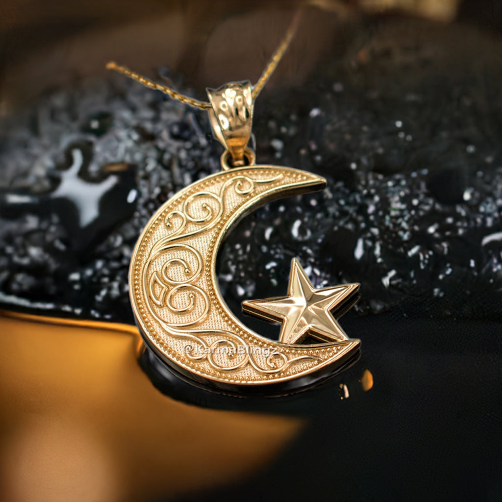 Gold Islamic Crescent Moon Pendant Necklace (yellow, white, rose gold, 10k, 14k)