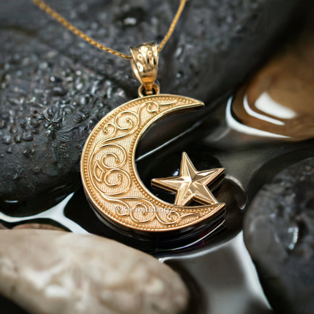 Gold Islamic Crescent Moon Pendant Necklace (yellow, white, rose gold, 10k, 14k)