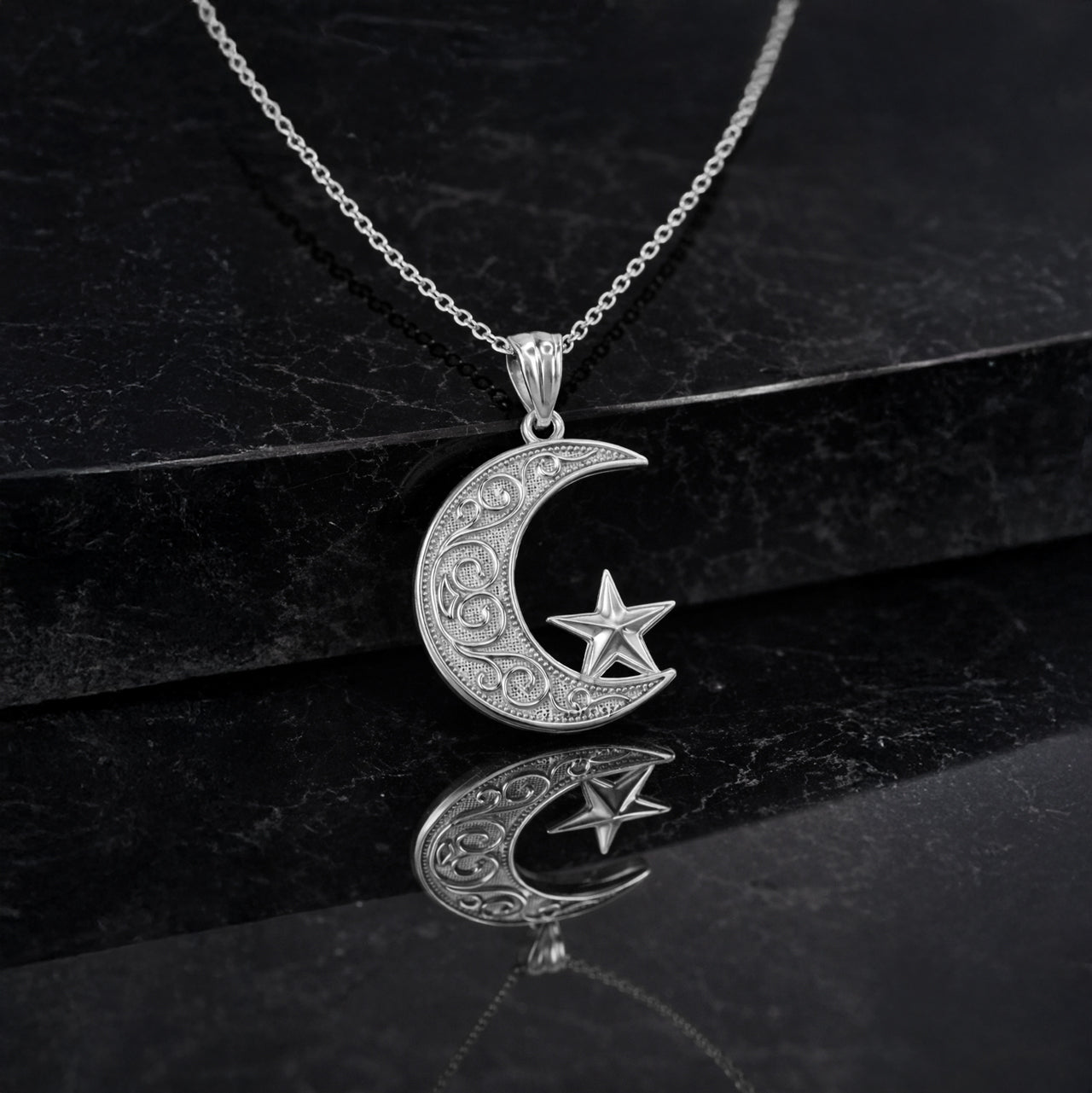 Gold Islamic Crescent Moon Pendant Necklace (yellow, white, rose gold, 10k, 14k)