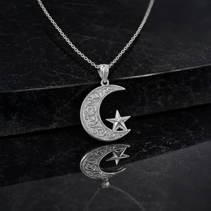 Gold Islamic Crescent Moon Pendant Necklace (yellow, white, rose gold, 10k, 14k)