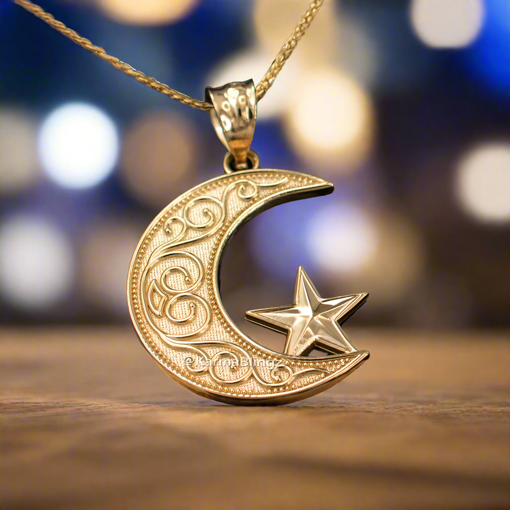 Gold Islamic Crescent Moon Pendant Necklace (yellow, white, rose gold, 10k, 14k)