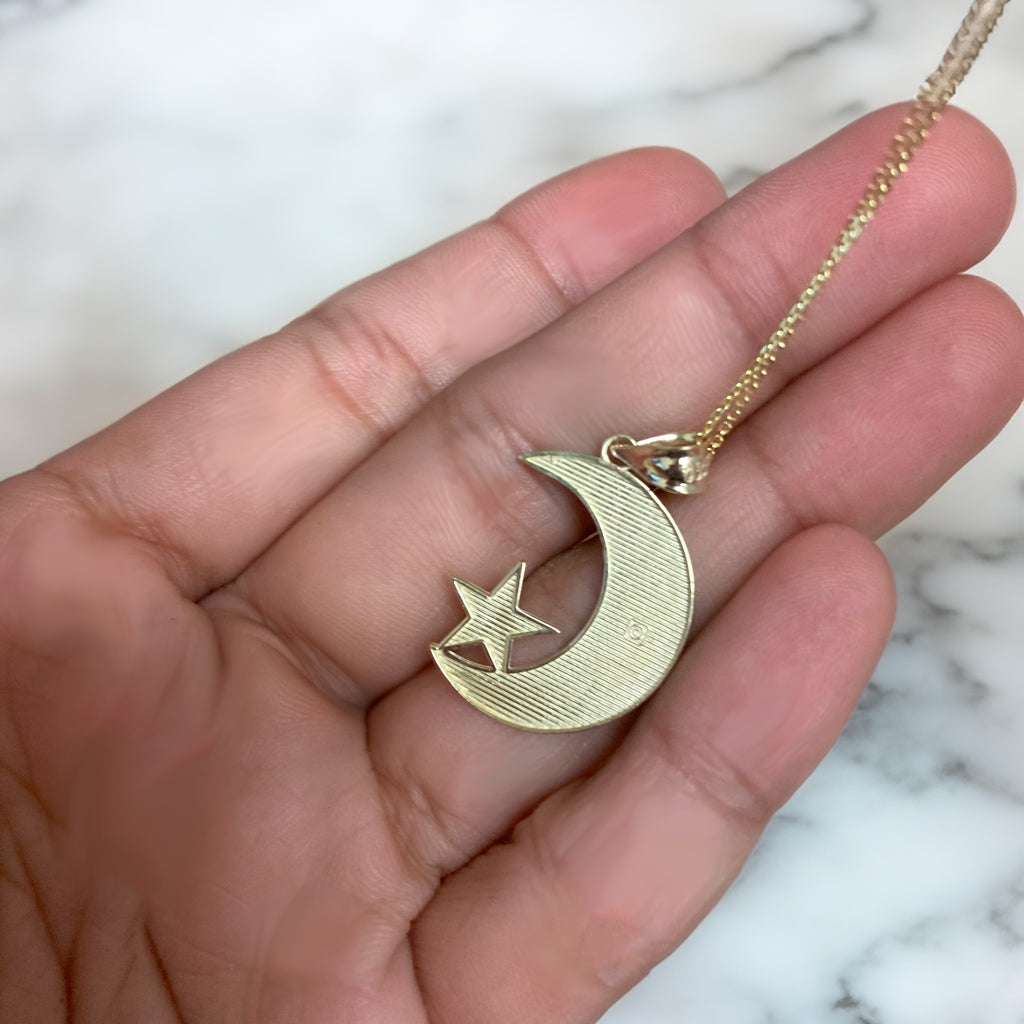 Gold Islamic Crescent Moon Pendant Necklace (yellow, white, rose gold, 10k, 14k)