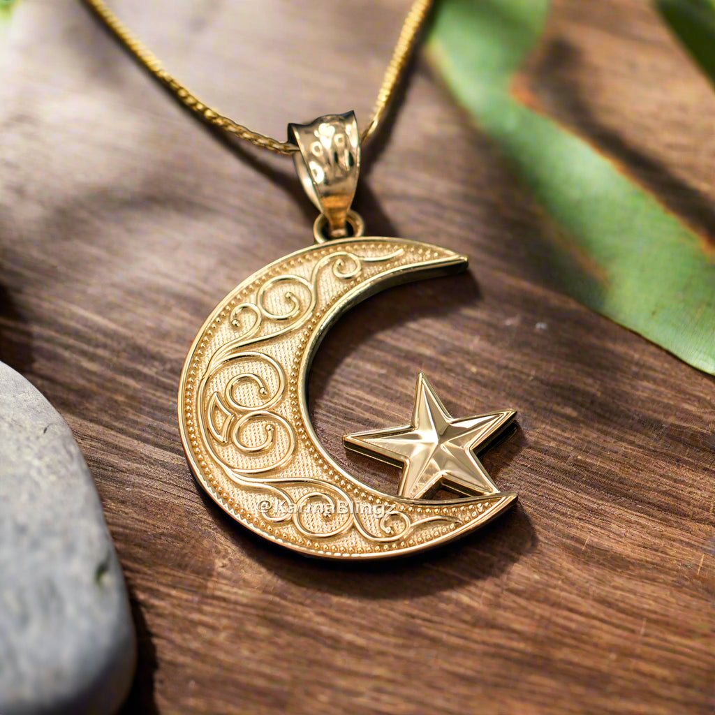 Gold Islamic Crescent Moon Pendant Necklace (yellow, white, rose gold, 10k, 14k)