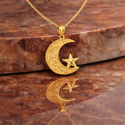Gold Islamic Crescent Moon Pendant Necklace (yellow, white, rose gold, 10k, 14k)