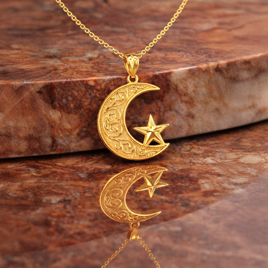 Gold Islamic Crescent Moon Pendant Necklace (yellow, white, rose gold, 10k, 14k)