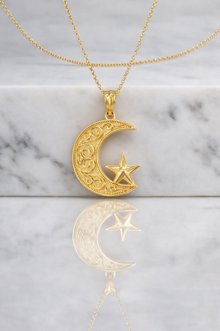 Gold Islamic Crescent Moon Pendant Necklace (yellow, white, rose gold, 10k, 14k)