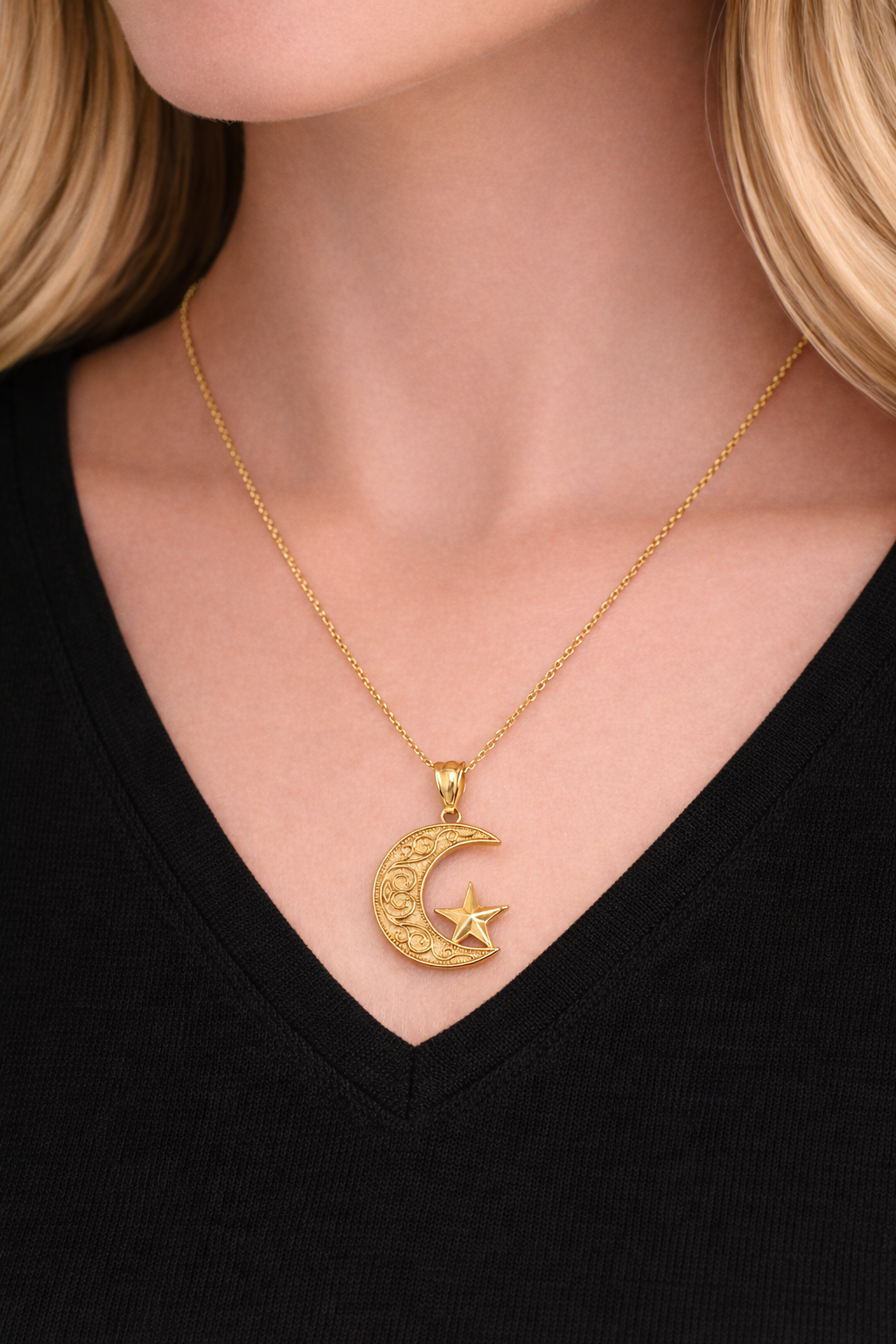 Gold Islamic Crescent Moon Pendant Necklace (yellow, white, rose gold, 10k, 14k)