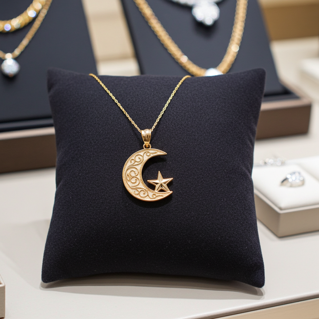 Gold Islamic Crescent Moon Pendant Necklace (yellow, white, rose gold, 10k, 14k)