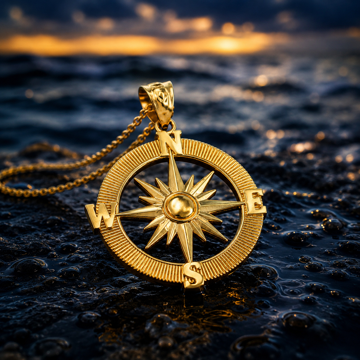 Gold Compass Pendant Necklace (yellow, white, rose gold, 10k, 14k)
