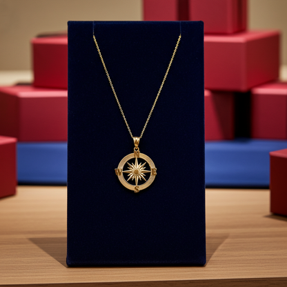 Gold Compass Pendant Necklace (yellow, white, rose gold, 10k, 14k)