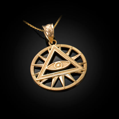 Gold Eye of Providence Illuminati Charm Necklace (yellow, white, rose, 2-tone gold, 10k, 14k)