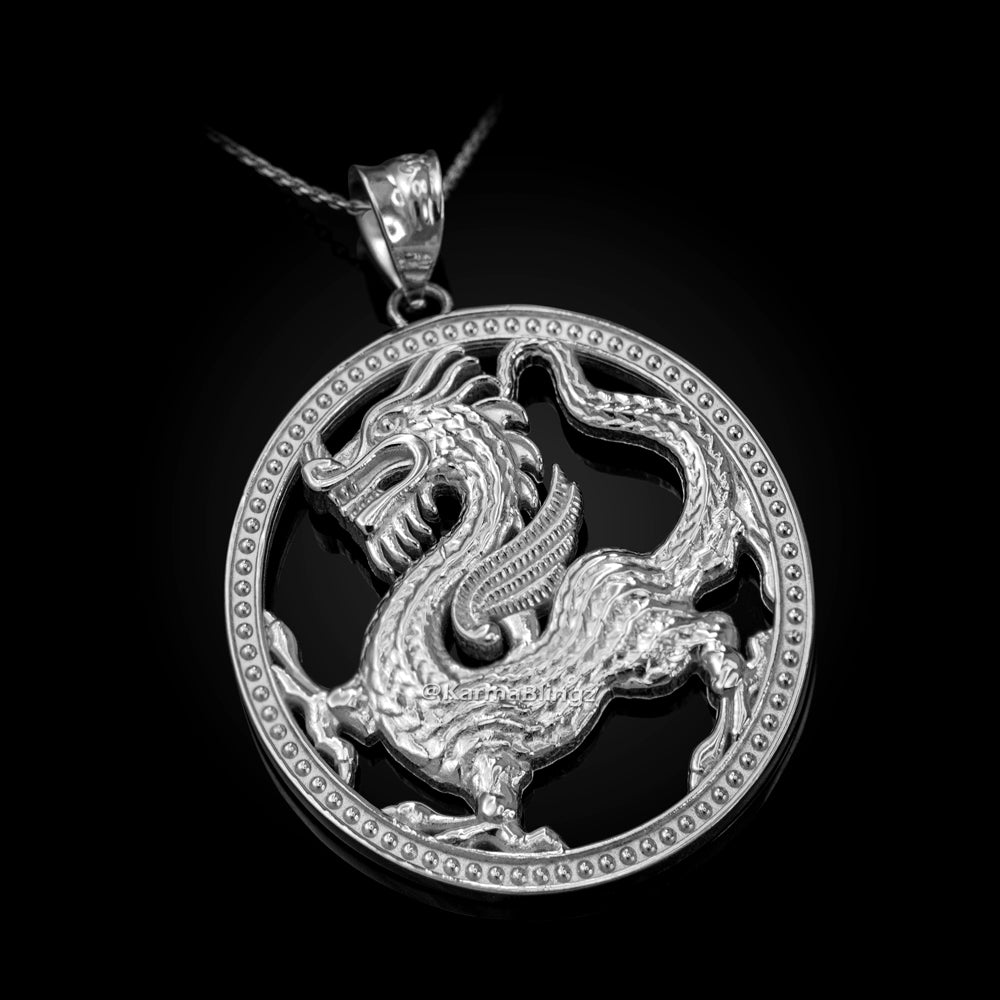 Gold Chinese Dragon Open Oval Medallion Pendant Necklace (yellow, white, rose gold, 10k, 14k)
