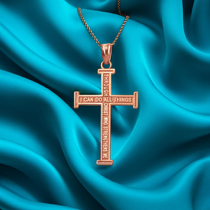 Reversible Gold Latin Cross Pendant with Philippians 4:13 Scripture (10K, 14K, yellow, white, rose gold)