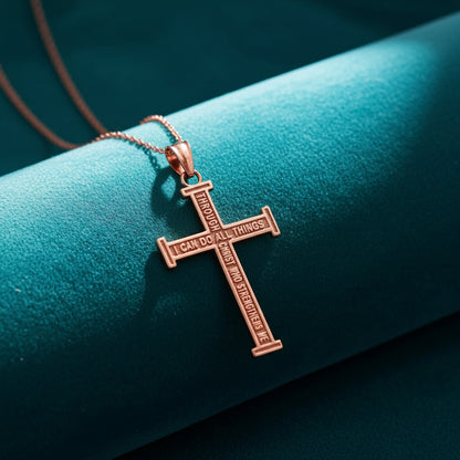 Reversible Gold Latin Cross Pendant with Philippians 4:13 Scripture (10K, 14K, yellow, white, rose gold)