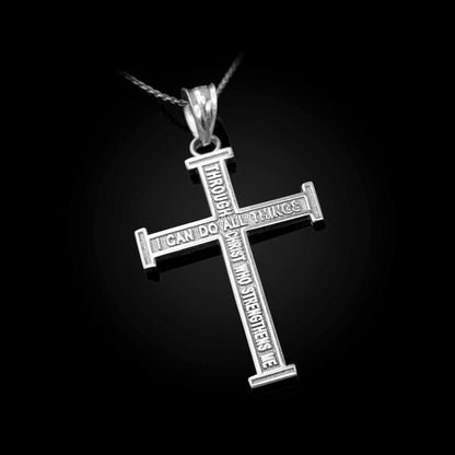 Reversible Gold Latin Cross Pendant with Philippians 4:13 Scripture (10K, 14K, yellow, white, rose gold)