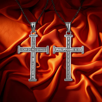 Sterling Silver Reversible Latin Cross Pendant Philippians 4:13 Scripture Necklace