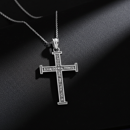 Sterling Silver Reversible Latin Cross Pendant Philippians 4:13 Scripture Necklace