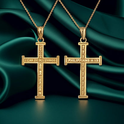 Reversible Gold Latin Cross Pendant with Philippians 4:13 Scripture (10K, 14K, yellow, white, rose gold)