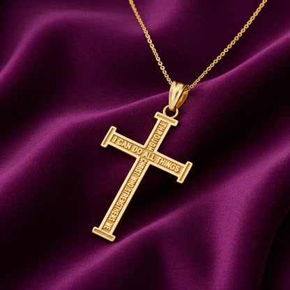 Reversible Gold Latin Cross Pendant with Philippians 4:13 Scripture (10K, 14K, yellow, white, rose gold)