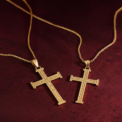 Reversible Gold Latin Cross Pendant with Philippians 4:13 Scripture (10K, 14K, yellow, white, rose gold)