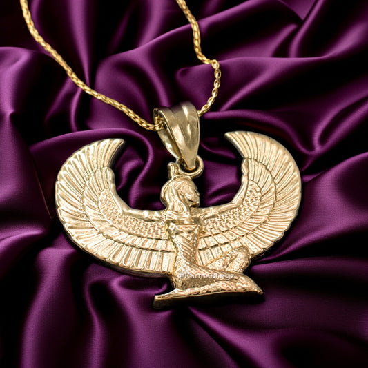 Gold Egyptian Isis Winged Goddess Pendant Necklace (yellow, white, rose gold, 10k, 14k)