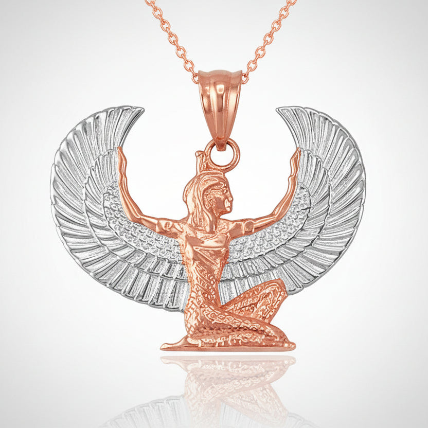 Gold Egyptian Isis Winged Goddess Pendant Necklace (yellow, white, rose gold, 10k, 14k)