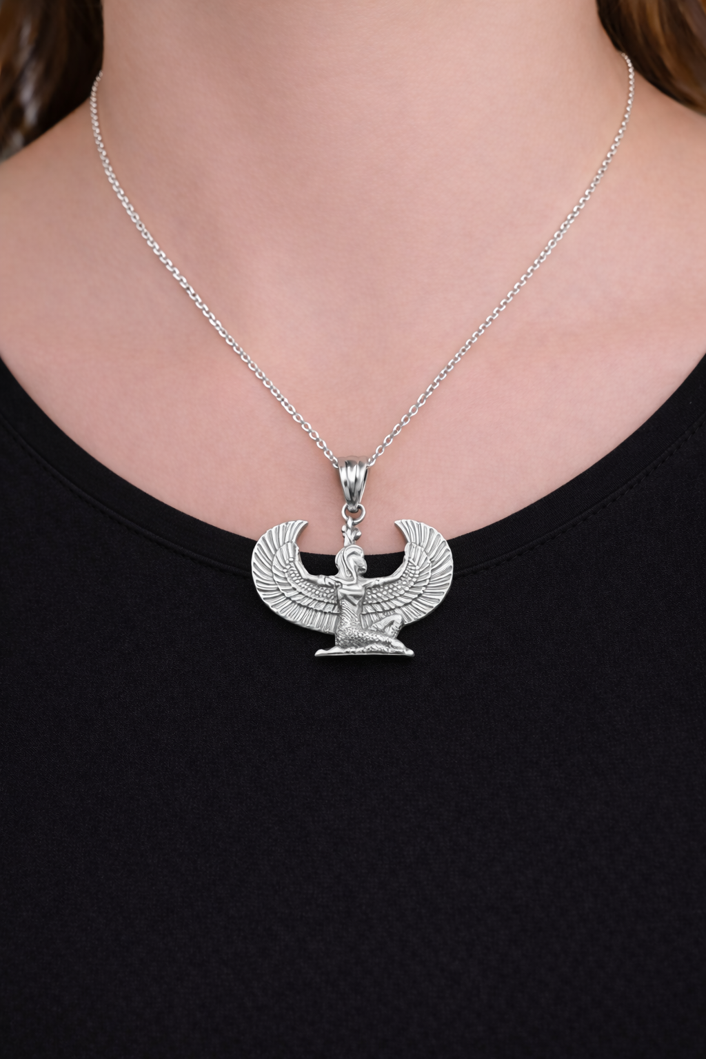 Sterling Silver Egyptian Isis Winged Goddess Pendant Necklace