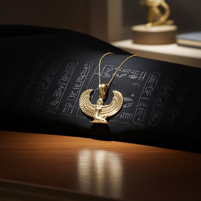 Gold Egyptian Isis Winged Goddess Pendant Necklace (yellow, white, rose gold, 10k, 14k)