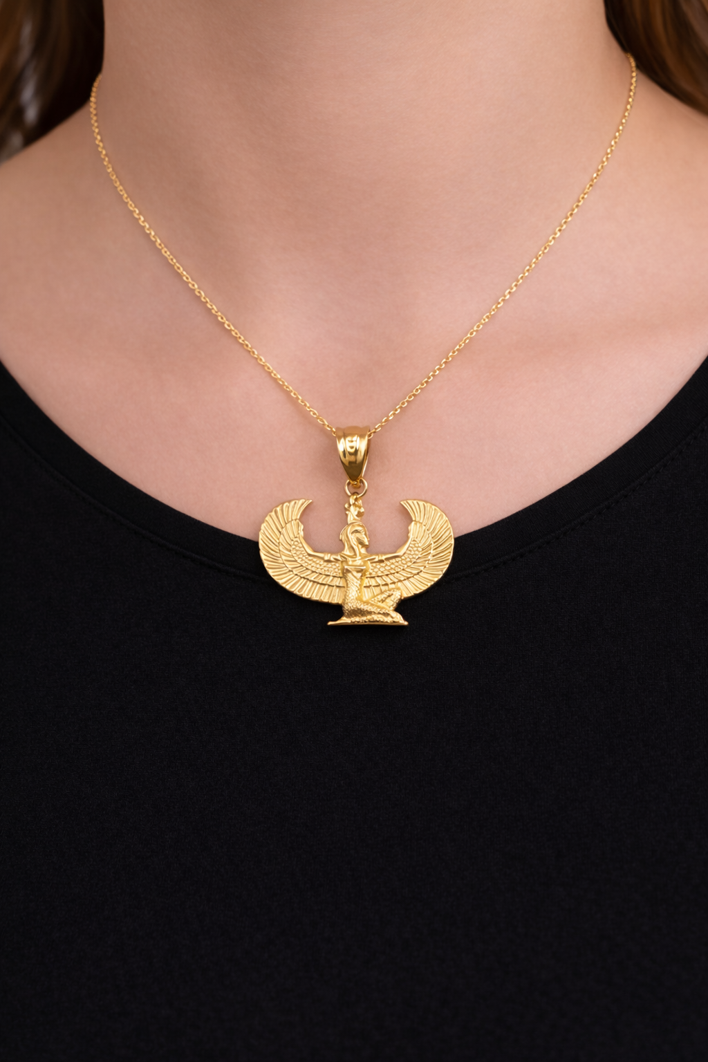 Gold Egyptian Isis Winged Goddess Pendant Necklace (yellow, white, rose gold, 10k, 14k)
