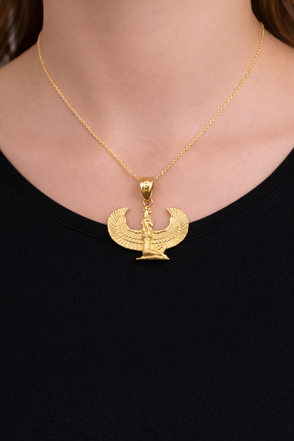 Gold Egyptian Isis Winged Goddess Pendant Necklace (yellow, white, rose gold, 10k, 14k)