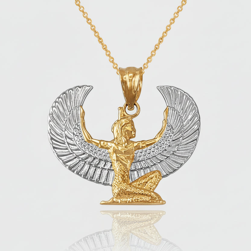 Gold Egyptian Isis Winged Goddess Pendant Necklace (yellow, white, rose gold, 10k, 14k)