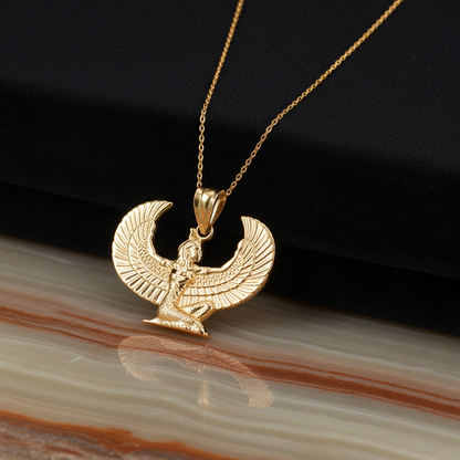 Gold Egyptian Isis Winged Goddess Pendant Necklace (yellow, white, rose gold, 10k, 14k)