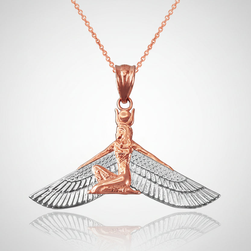 Gold Isis Egyptian Winged Down Goddess Pendant Necklace (yellow, white, rose gold, 10k, 14k)