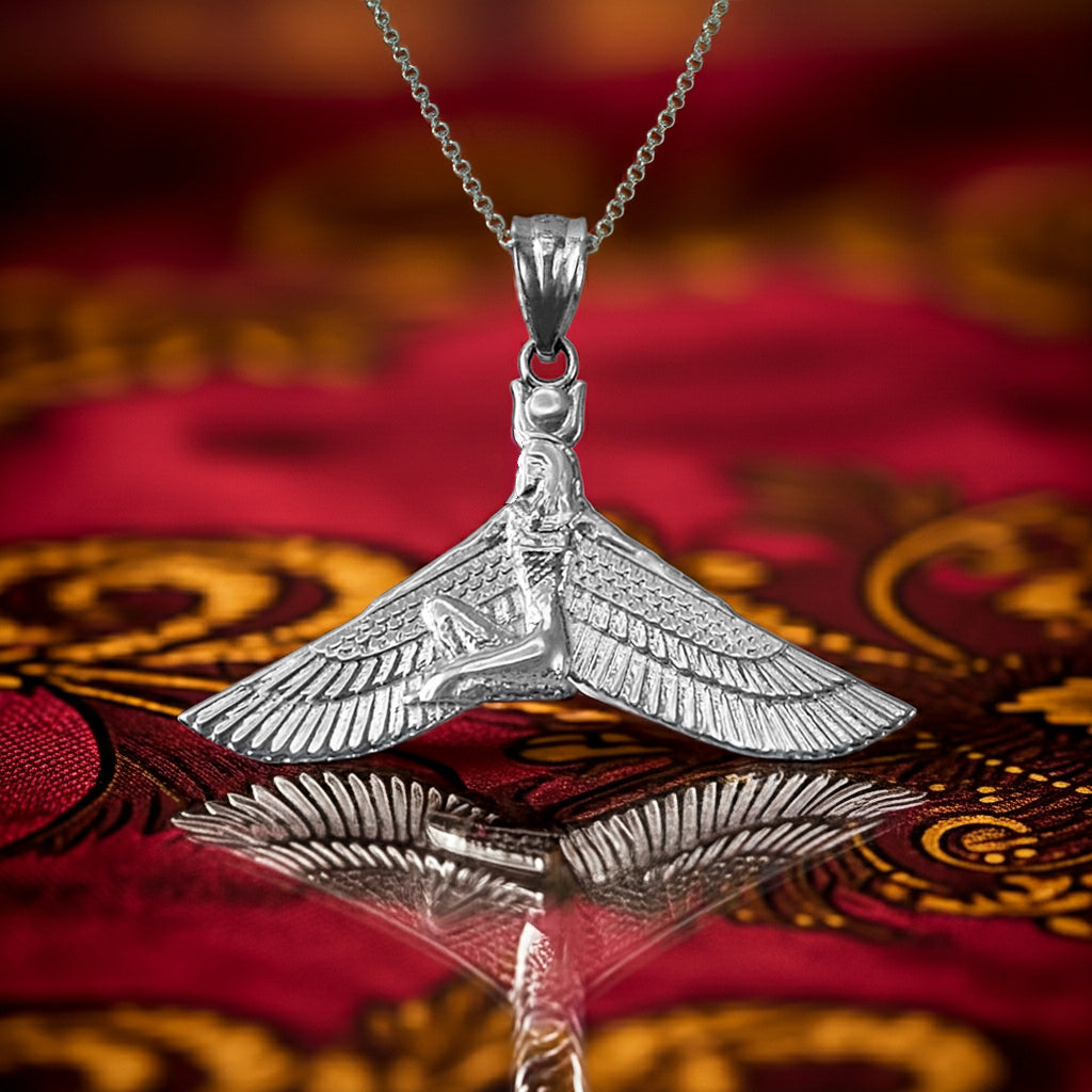 Sterling Silver Egyptian Isis Winged Down Goddess Pendant Necklace