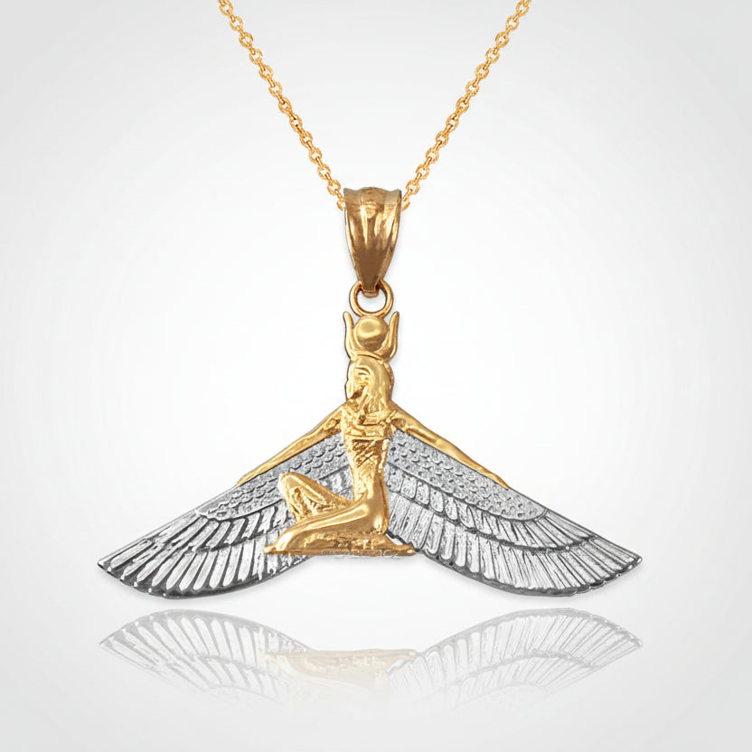 Gold Isis Egyptian Winged Down Goddess Pendant Necklace (yellow, white, rose gold, 10k, 14k)