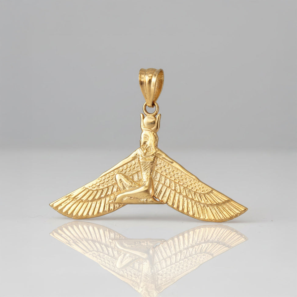 Gold Isis Egyptian Winged Down Goddess Pendant Necklace (yellow, white, rose gold, 10k, 14k)